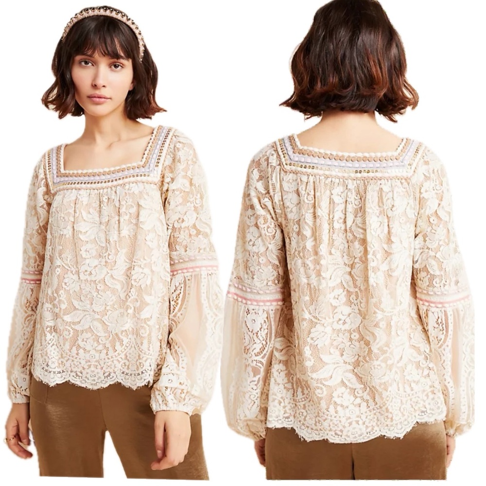 Bl^nk London,  Anthropologie Lace Embellished Boho Top, Size Medium EUC